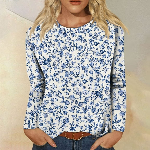 kytmyeq Women's Fashion Casual Long Sleeve Print Round Neck Pullover Top Blouse