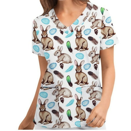 

Genuiskids Easter Womens Scrubs Tops T-Shirt Easter Eggs Bunny Print V Neck Short Sleeve Medical Scrub Shirts Working Uniform Wear with Pockets Red