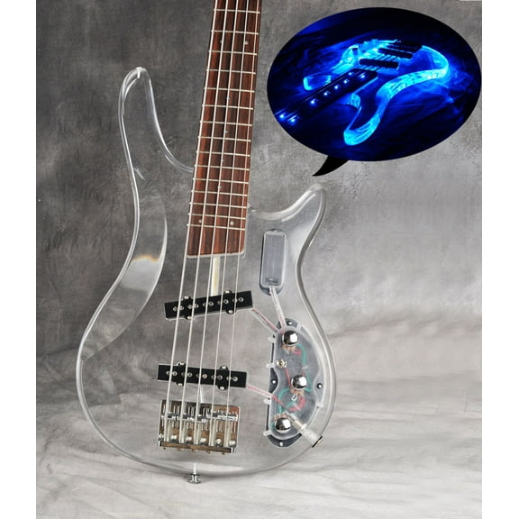 5 String Electric Bass Guitar Acrylic Body and Headstock Maple Neck Rosewood Fingerboard 24 Frets Blue LED