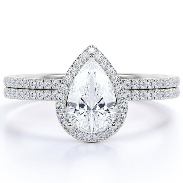 JeenMata Anillo de Bodas Exclusivo con Halo de Moissanita de Corte Pera de 1,25 Quilates para Ella en Oro Blanco de 18 K sobre Plata