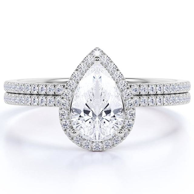 JeenMata Anillo de Bodas Exclusivo con Halo de Moissanita de Corte Pera de 1,25 Quilates para Ella en Oro Blanco de 18 K sobre Plata
