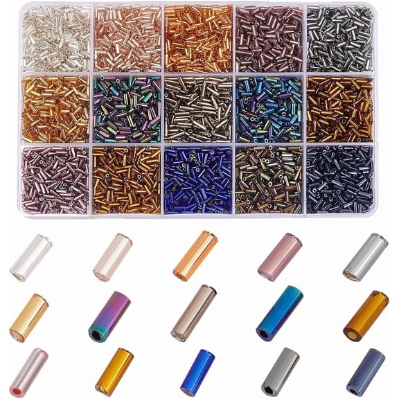 PH 3330pcs 15 Colors Glass Bugle Beads 4/5/6mm Metallic Tube Seed Beads Long Tube Beads Waist Beads Loose Spacer Beads Craft Beads for Earrings Bracelets Necklaces Jewelry Making Colorful