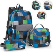 Roots Camp 3 pcs School Combo Set with Rainproof Backpack, Lunch Bag and Free Pencil Case - Made of Recycled Fabrics - Blue Navy Charcoal Grey 22.5L, Blue Navy Grey Green Set, large (RTS4917)