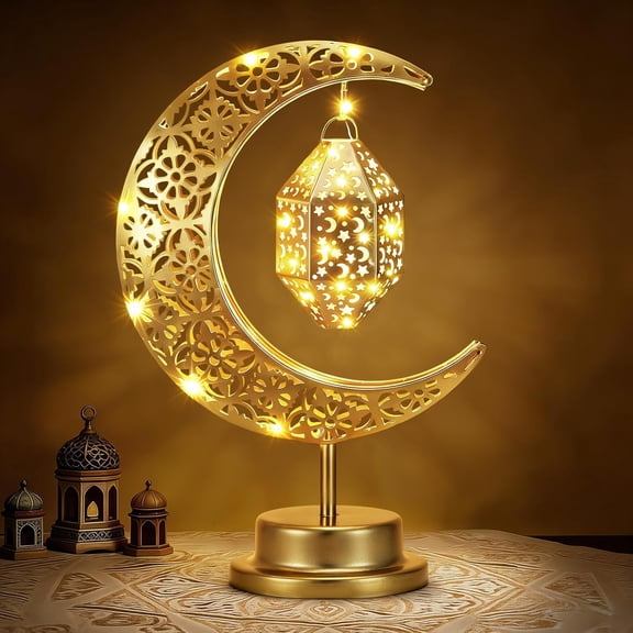 Ramadan Moon Lamp, Crescent Moon with Ramadan Lantern, Battery Powered Gold Desk Lamp Decorations Crescent Table Light Bedside Night Stand Desktop Living Room Home Decor, Eid Mubarak Decor