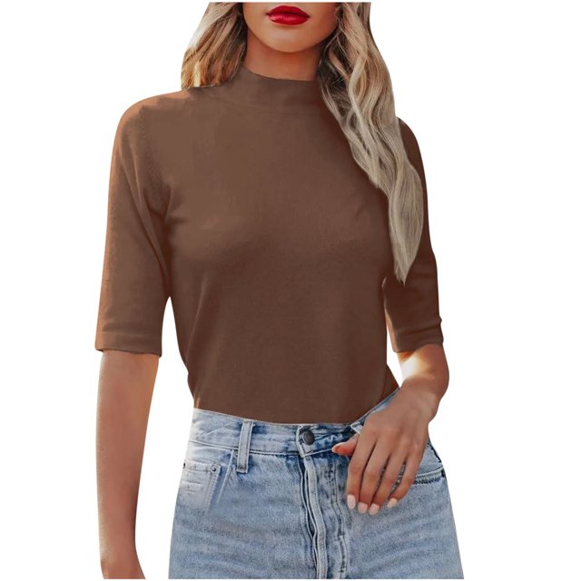 Timegard Hauts pour Femmes Demi-Cou Manches 1/2 Ajusté Confortable Couleur Unie Tee Mode Été