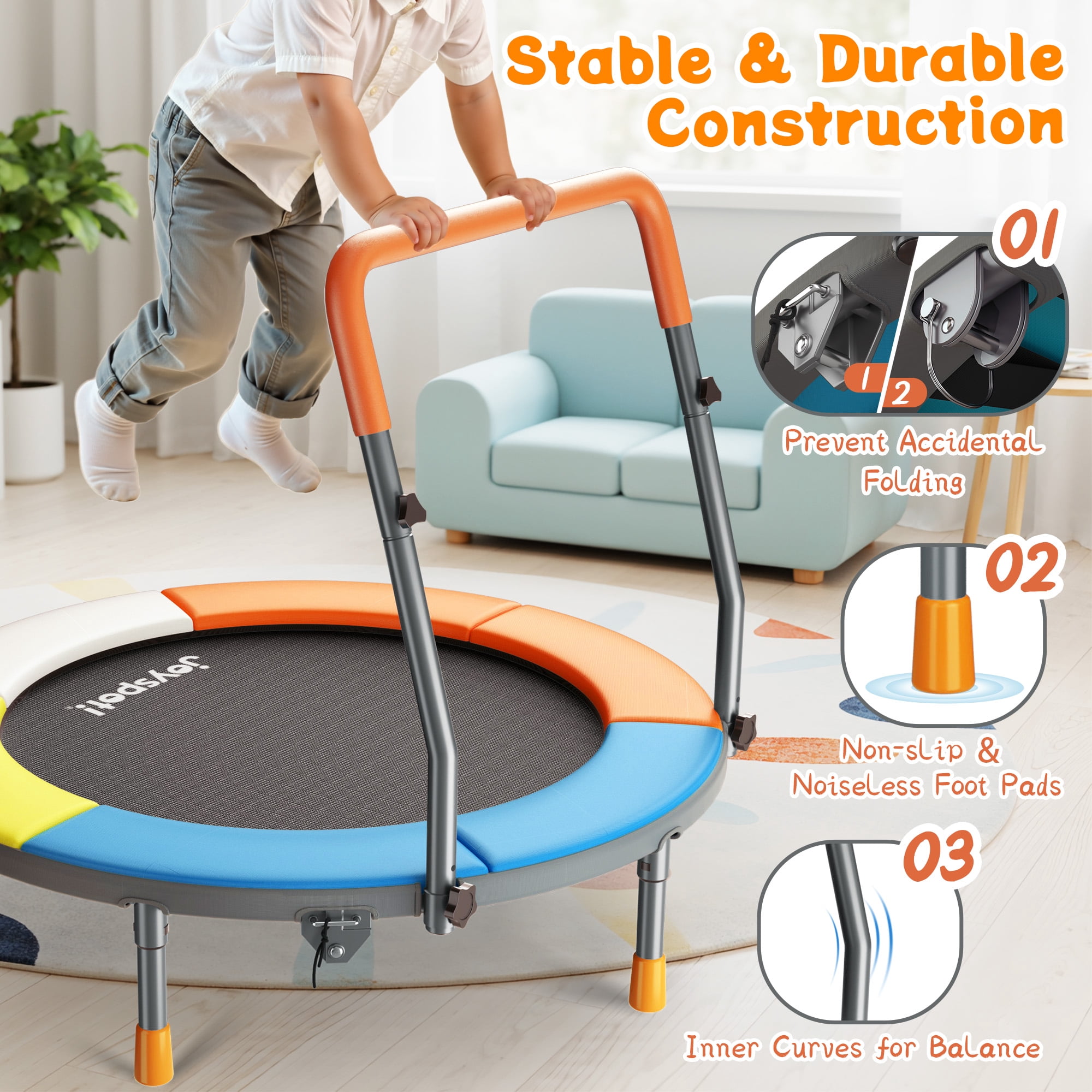 3FT Foldable Trampoline for Kids Ages 1-6 Indoor Outdoor Fun, 36” Mini Small Trampoline with Foam Handle, Safety Padded Cover, Height-Adjustable, Max Load 100LBS, Perfect Toddler Baby Jumping Mat