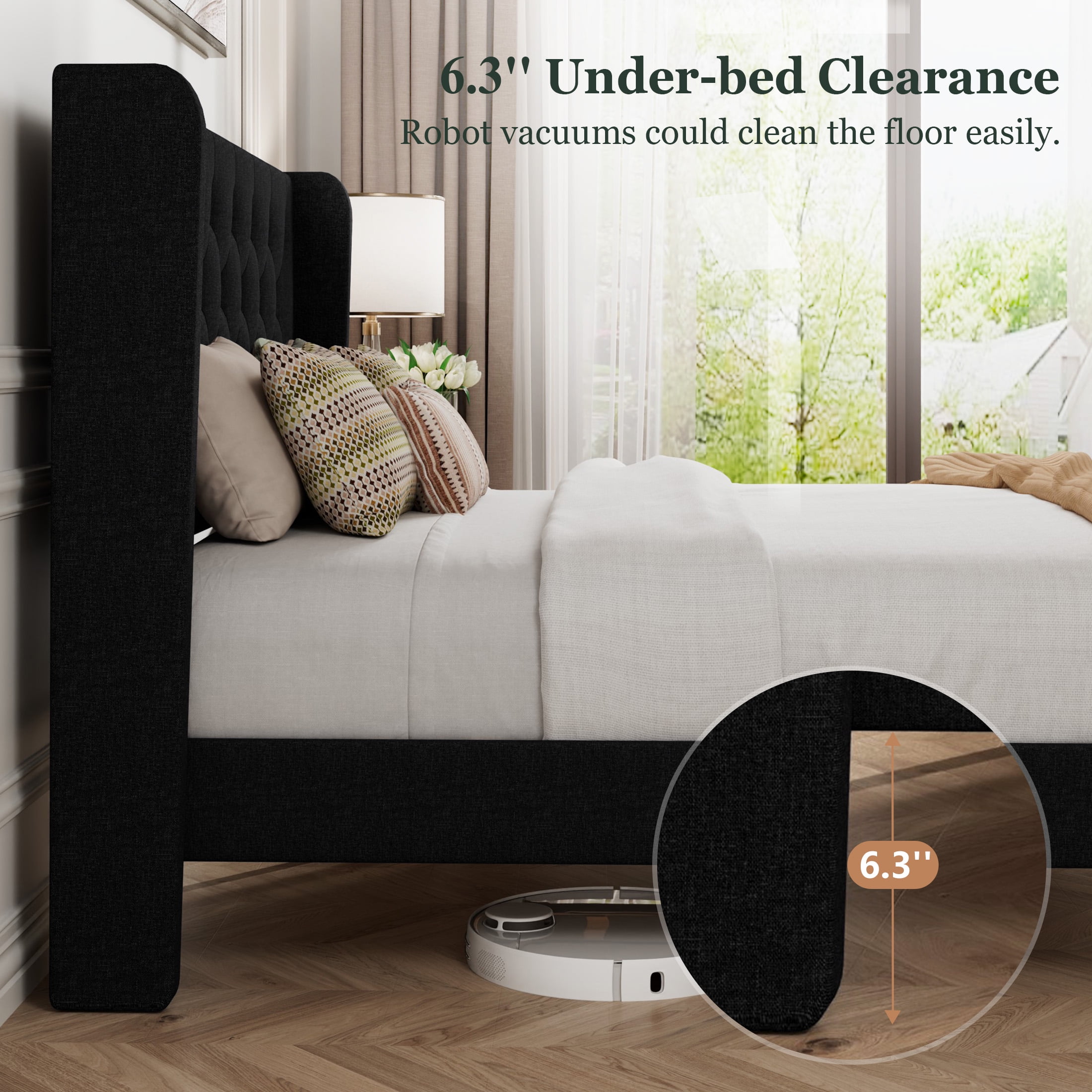 Amolife Full Size Upholstered Platform Bed Frame with Fabric Diamond Deluxe Wingback Headboard, Black