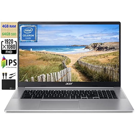 2022 Newest Acer Chromebook 17.3" FHD 1080p Widescreen Light Laptop, Intel Celeron N4500 (Up to 2.8GHz), 4GB RAM, 64GB eMMC,HD Webcam,UHD Graphics, WiFi 6, 10+ Hours Battery,Chrome OS,w/MarxsolCables