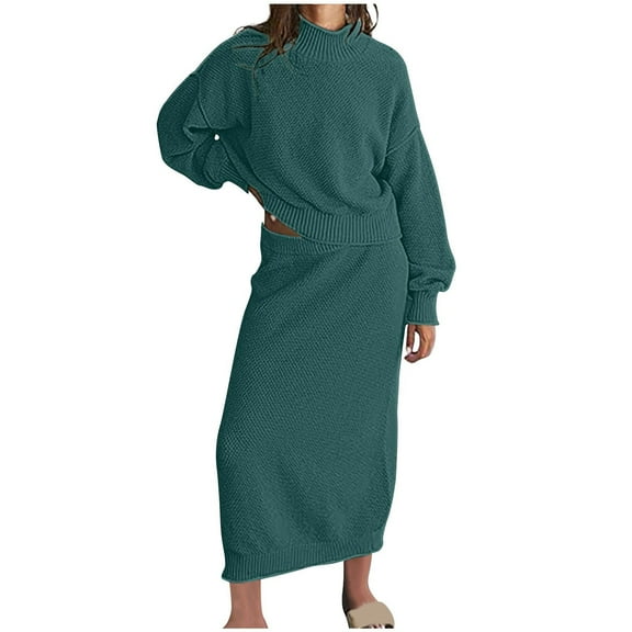 Lovskoo 2024 Women's Winter 2 Piece Sweater Set Rib Knit Long Sleeve Top Maxi Bodycon Skirt Casual Outfits Green