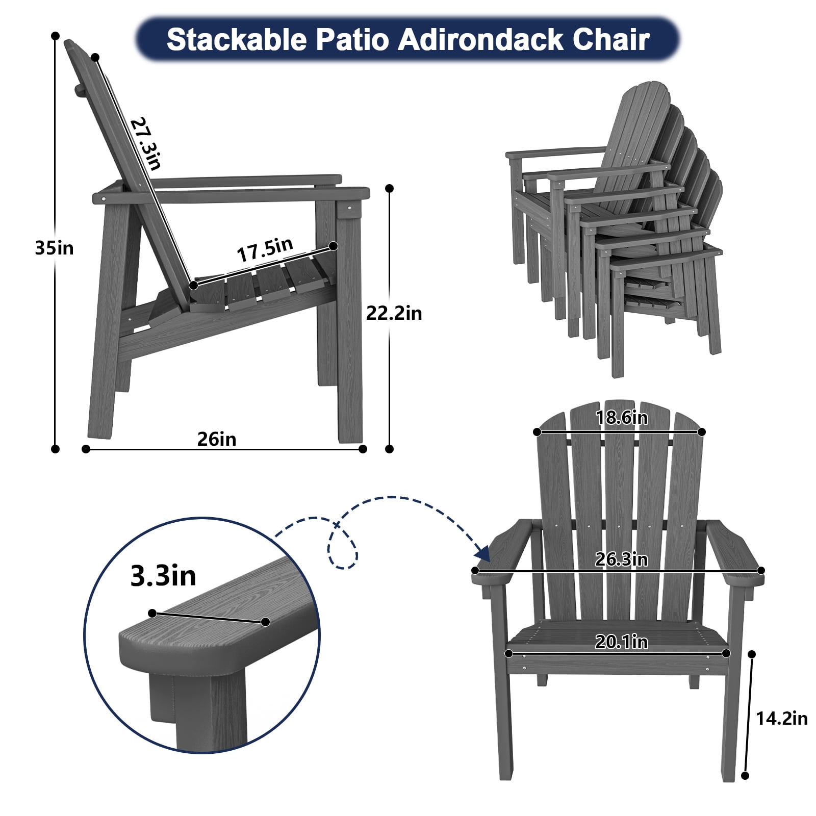 Cobiod Stackable Adirondack Chairs Set of 4, HDPE All-Weather Patio Chairs, Wood Grain Ergonomic Outdoor Chairs, Grey