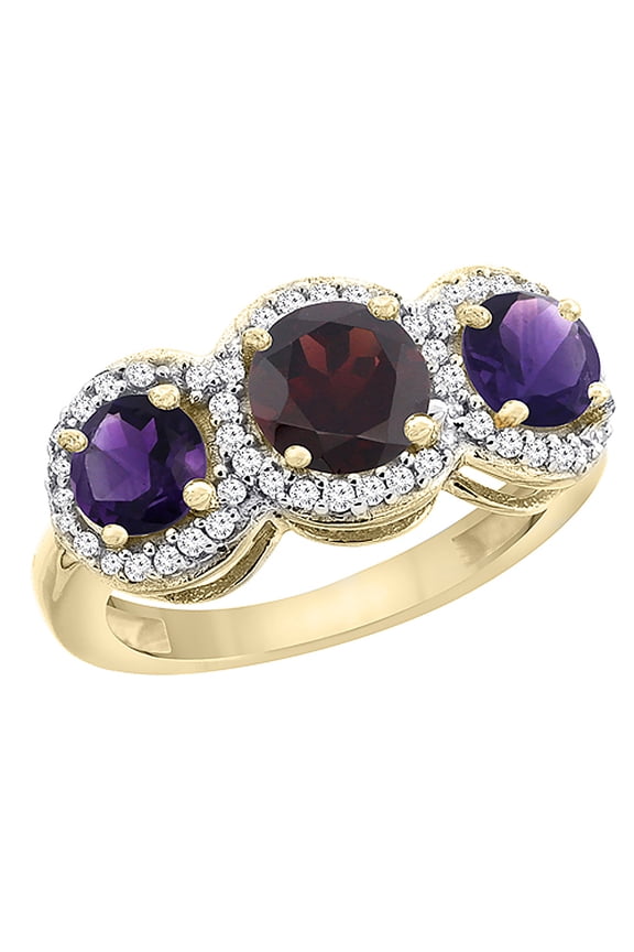 14K Yellow Gold Natural Garnet & Amethyst Sides Round 3-stone Ring Diamond Accents, size 9