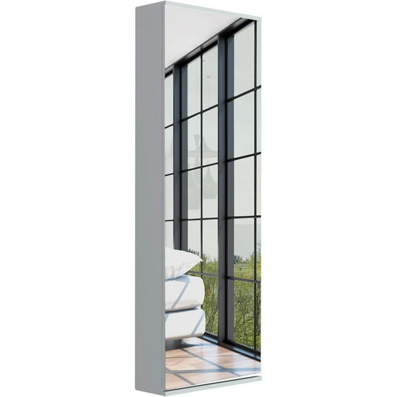 Wall Mounted Shoe Rack - Mirrored Door, White Wood Finish - Holds 10 Pairs - 54.3" Tall - Space Saving Storage