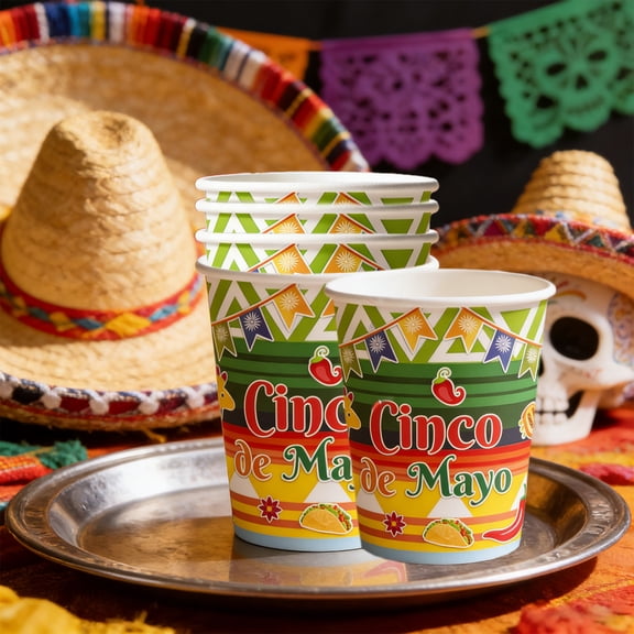 Circus Carnival Party Decoration Disposable Paper Cups, 7" Mexican Striped Paper Cups, for Tacos, Snacks, Desserts, Cinco de Mayo Party Supplies, and Birthday Table Decor, Yellow Green Red