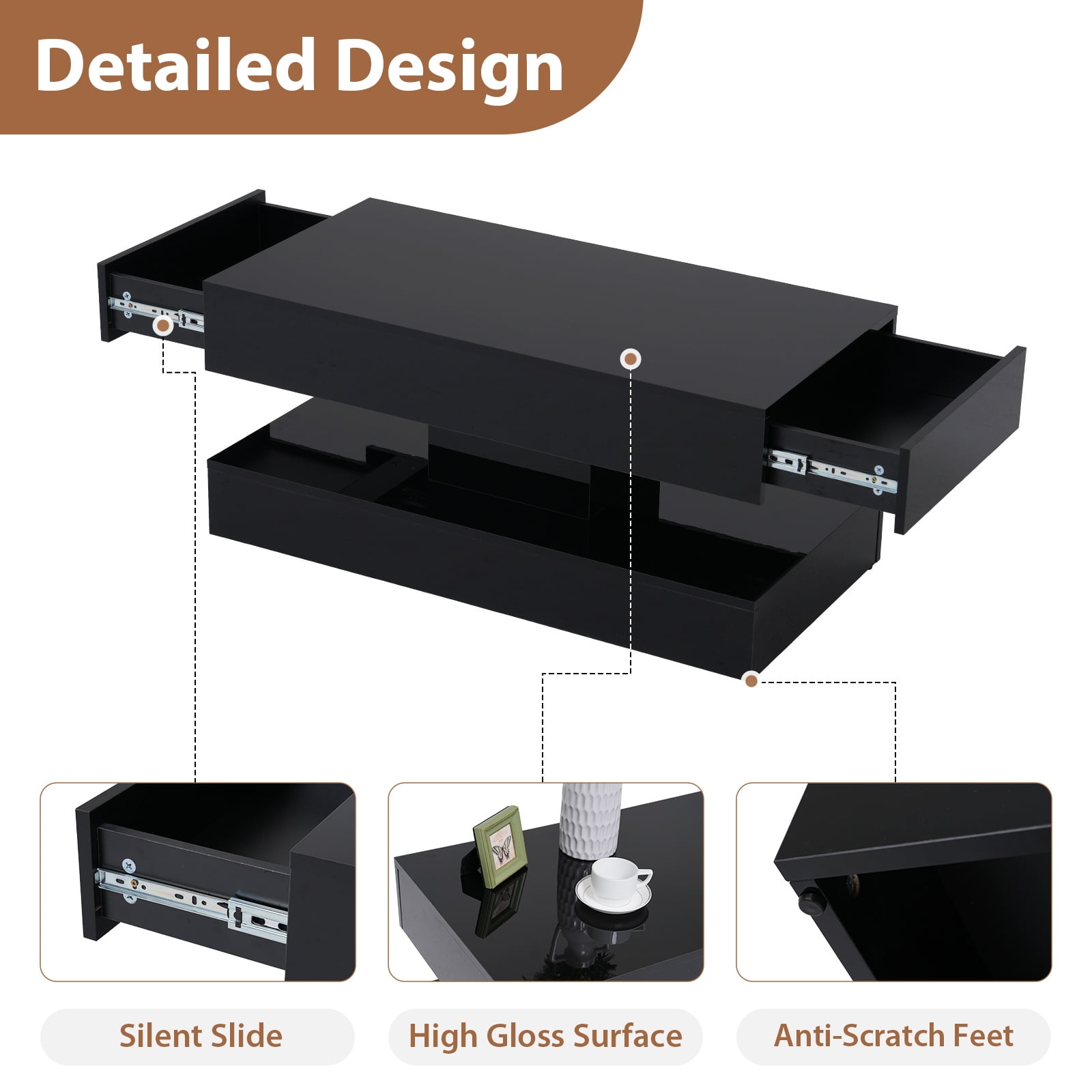 JOIVI LED Coffee Table with 2 Storage Drawers, Modern High Gloss Coffee Table, 2 Tiers Rectangle Center Table, 16-Color LED Lights, Black