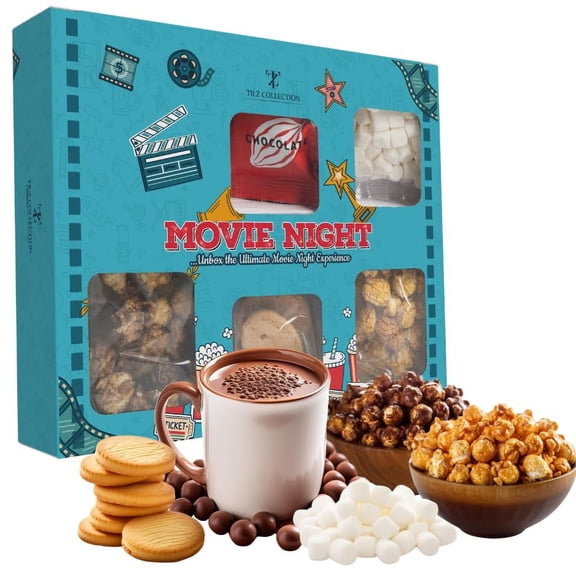 Movie Night Hamper Snack Box, Movie Night Snacks, kids sweets Sweets Gift Box With Chocolates,Hot Chocolate, Mini Marshmallows,Chocolate & Caramel Popcorn,Butter Biscuits, Gifts For Her |Women |Him