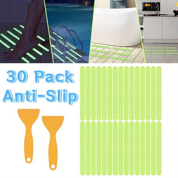 30-Pack Glow in The Dark Bathtub Non Slip Stickers, Adhesive Shower Mats with Scraper, Easy-to-Apply Anti Slip Strips for Tubs, Showers, and Boats