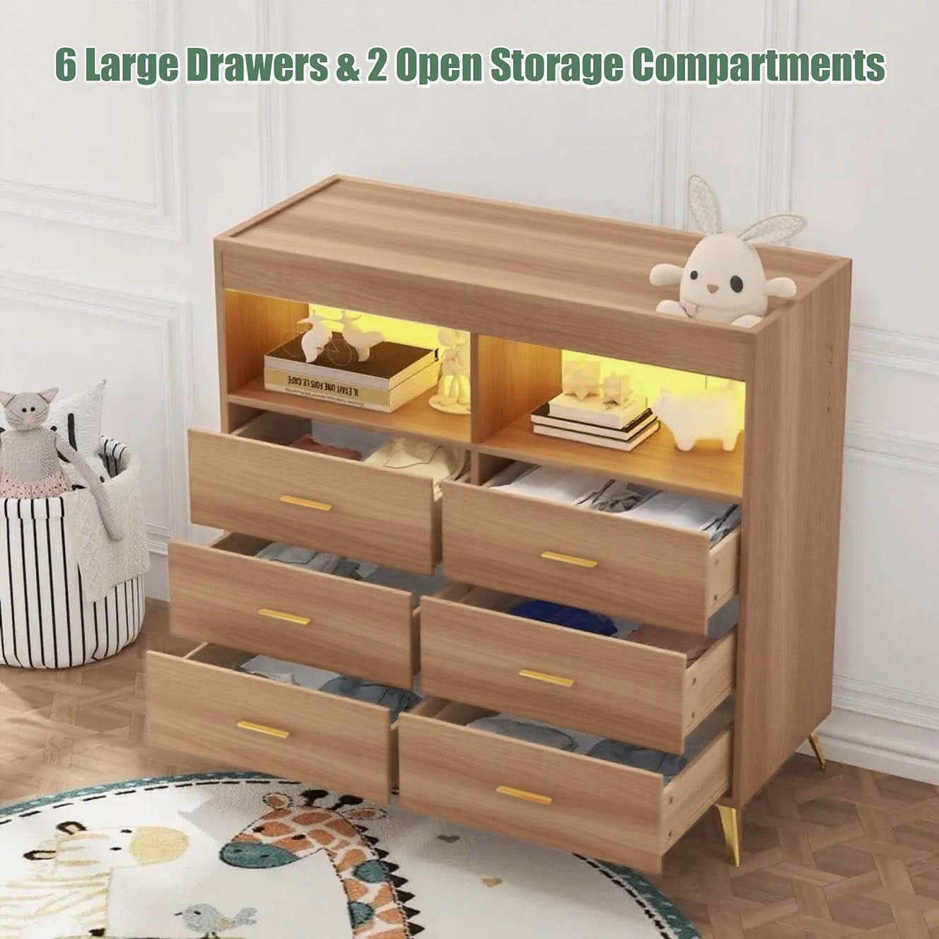 Dresser for Bedroom with 6 Drawers, Multi-Functional Nursery Dresser with LED Lights & Charging Station,Baby Changing Table Table with Diaper Changing Station
