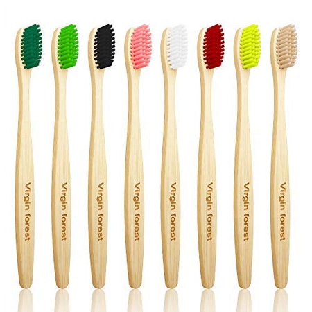 Bamboo Toothbrush, Biodegradable Toothbrush, Eco Friendly Natural Wooden Toothbrushes, Vegan Organic Bamboo Charcoal Tooth Brush for Sensitive Gums Medium Bristle Set of 8 Color