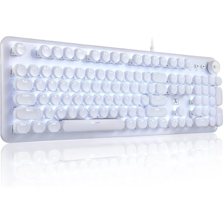 Gaming Keyboard with Retro Punk Typewriter Style. Blue Switch, Stylish White Backlight and White Mechanical Keyboard,