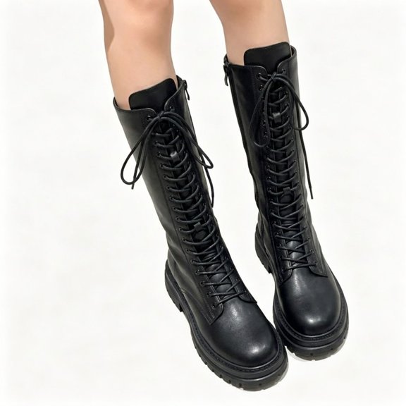 POROPL Boots for Women,Lace Up Combat Boots Chunky Platform Mid Calf Boots Side Zipper Fashion Shoes