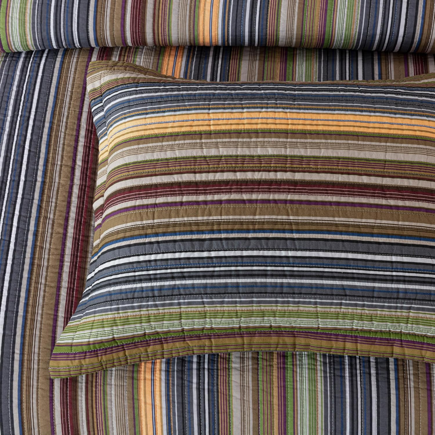 Chezmoi Collection Avery Striped Cotton Quilt Set Queen Size, 3-Piece Soft Pre-Washed 100% Cotton Quilt, Multi-Color Green
