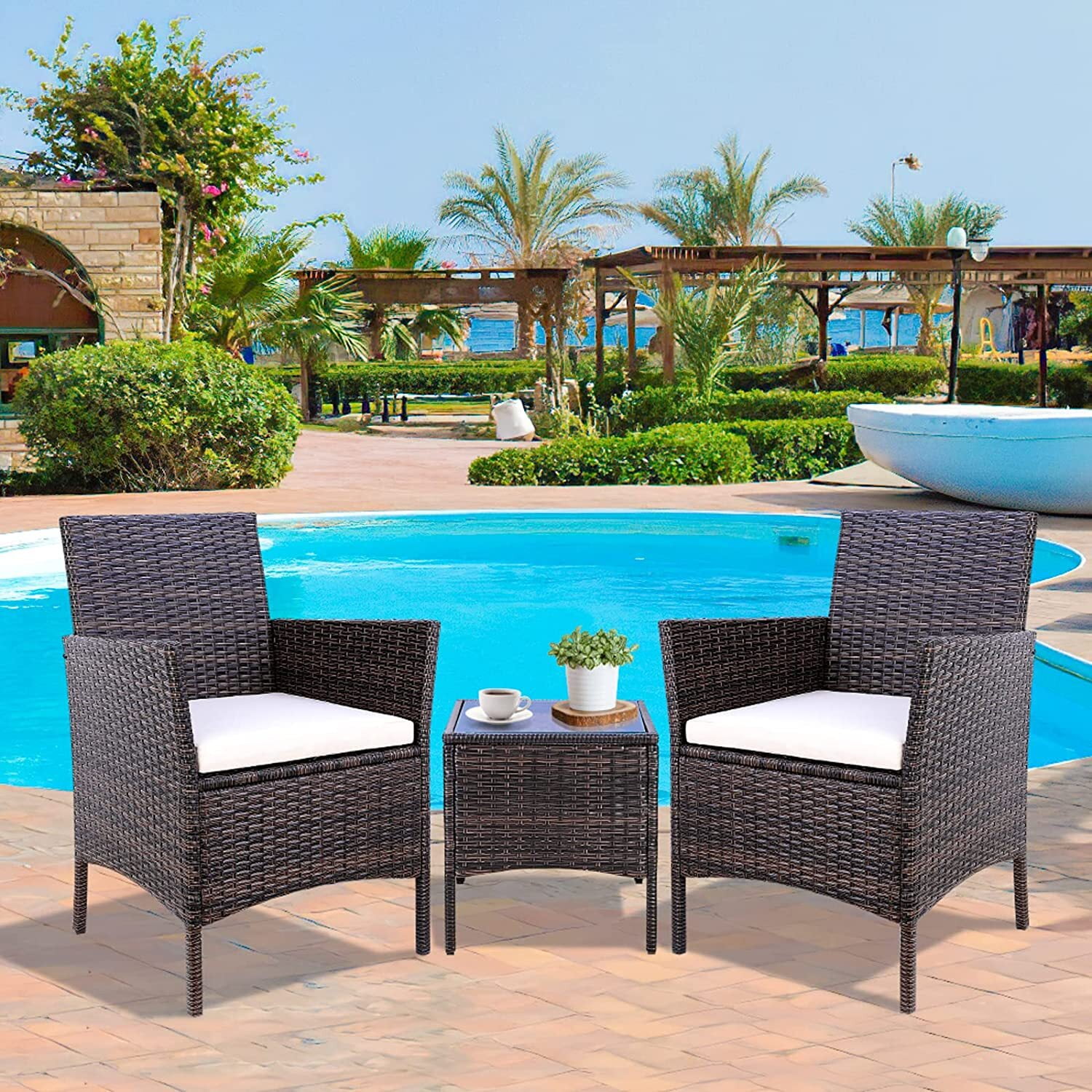 Homfa Patio Rattan Sofa Chair Sets, Outdoor Porch Wicker PE with