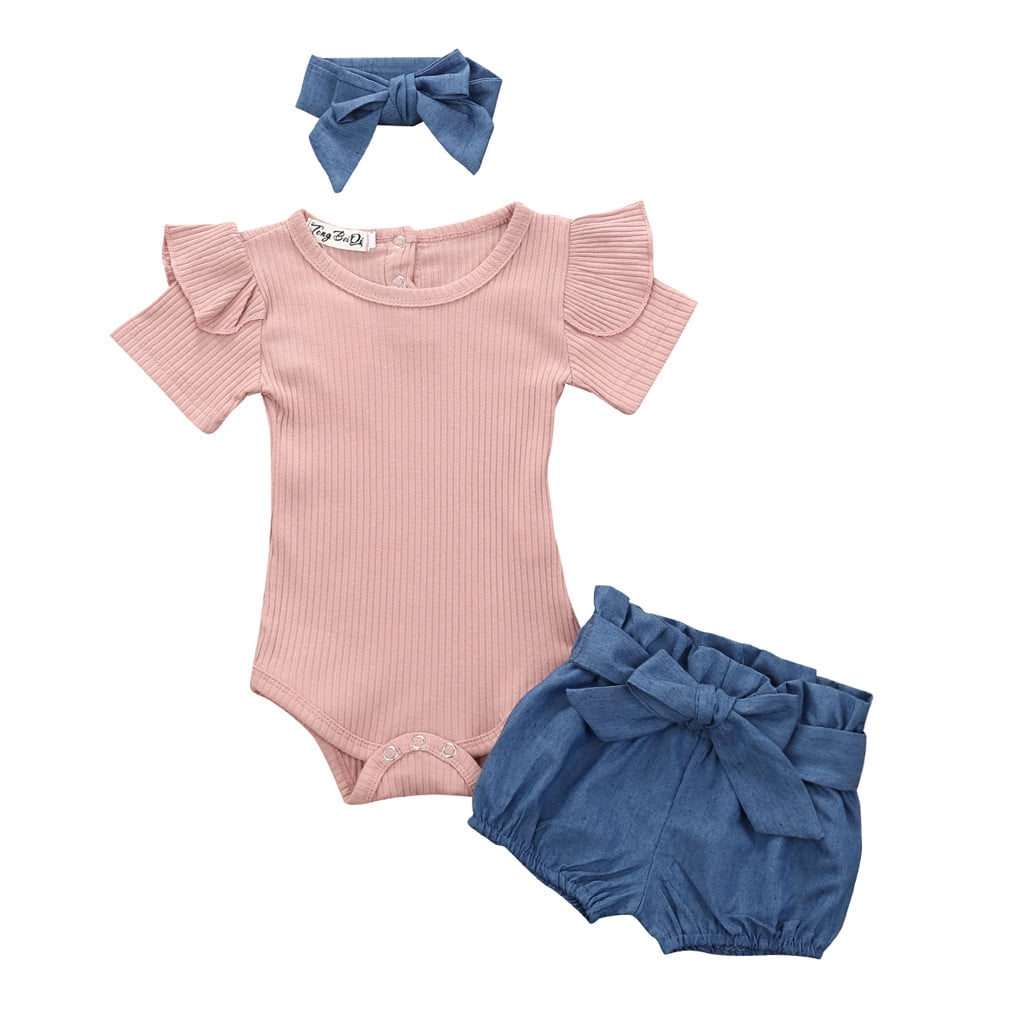 3Pcs Baby Girls Infant Clothes Set Romper Jumpsuit Bowknot Denim Shorts Outfits