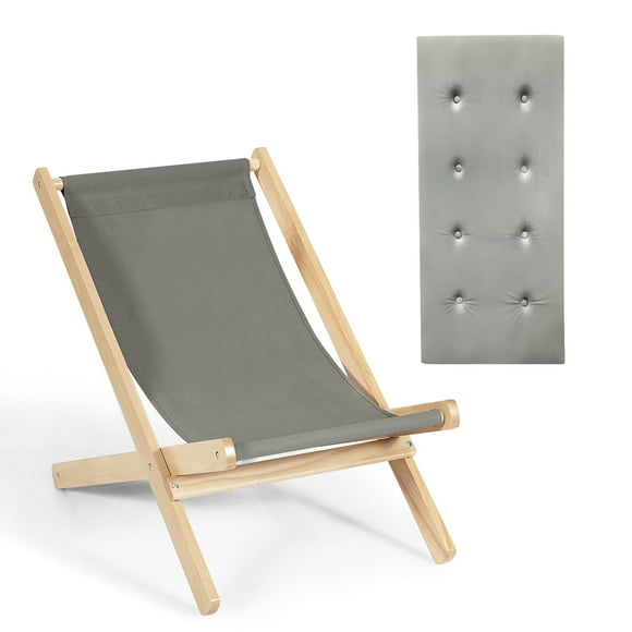 Topbuy Foldable Wood Beach Sling Chair with 3 Adjustable Positions Indoor Living Room Chaise Lounge Grey