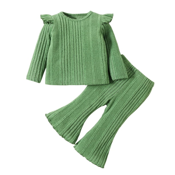 Gibobby Conjunto de ropa para bebé y niño Camiseta sólida de manga larga para niñas pequeñas, suéter, Tops, pantalones acampanados, trajes(Verde,9-12 Meses)