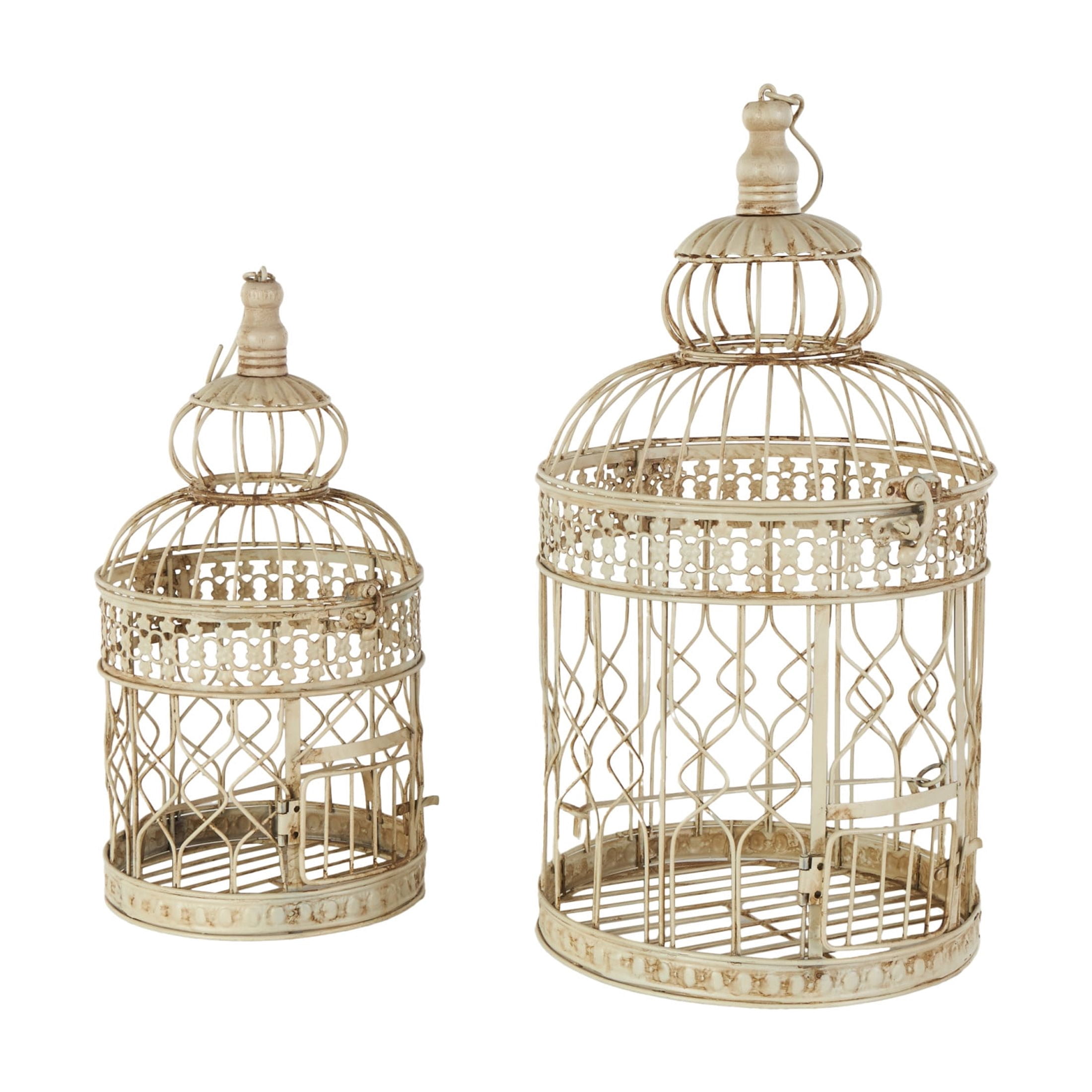 DecMode Hinged Top Cream Metal Birdcage with Latch Lock Closure and Hanging Hook, Set of 2