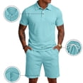 thumbnail image 2 of Men'S Breathable Collared Polo Shirt Short Sleeve And Elastic Waist Drawstring Shorts Set Casual Athletic Tracksuits For Summer Outdoor,Light Blue,L, 2 of 7