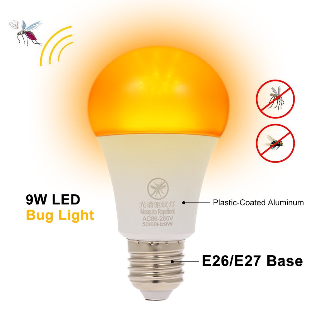 Yellow LED Bug Light Bulb No Blue Light Outdoor E26/27 9W Mosquito