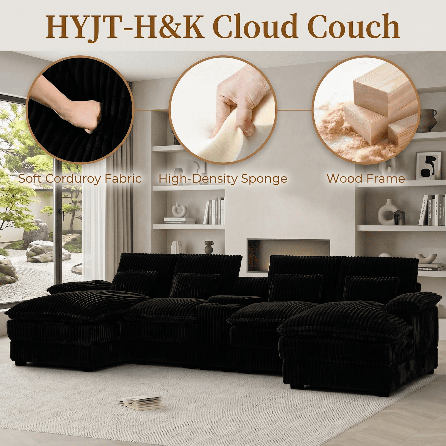 124" U Shaped Cloud Couch Sectional Sofa for Living Room, Oversized Modular Sectional Couch with Double Chaise & Storage Console, Black Corduroy Deep Seat Comfy Sofa with USB Ports & Cup Holders