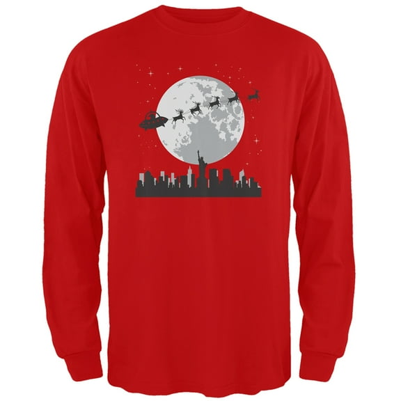 Alien Santa Sleigh Red Adult Long Sleeve T-Shirt - 2X-Large