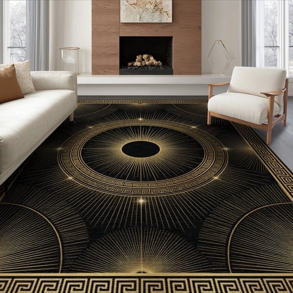 ODIKA Key Border Sparkle Sunburst Round Symmetrical Shimmer Greek Glam Refined for Living Room, Under Sectional, Family , Non-Slip Flatwoven