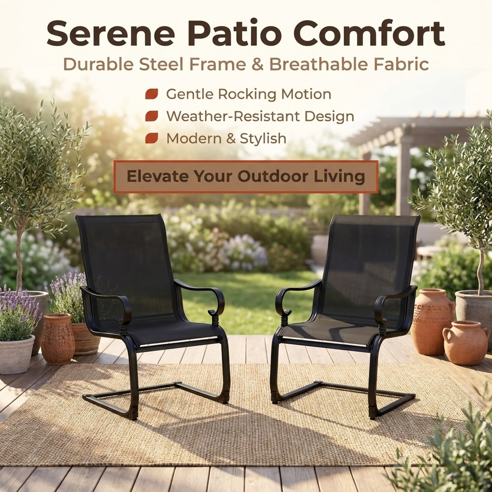 Biotree Set of 2 Patio Rocking Chairs, Quick-Drying Breathable Fabric, High Backrest, for Backyard, Black