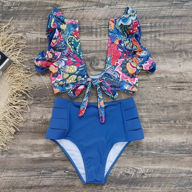 Traje de baño de bikini con borde de hoja de loto dividido, cintura alta sexy de verano