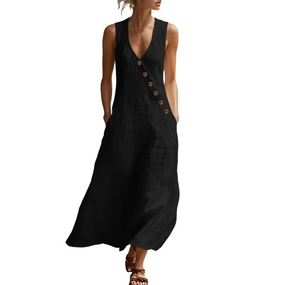 ZQUUVOU Maxi Dresses for Women Cotton Summer Sleeveless Deep V Button Down Tank Dress with Pocket Casual Boho Beach Vacation Black