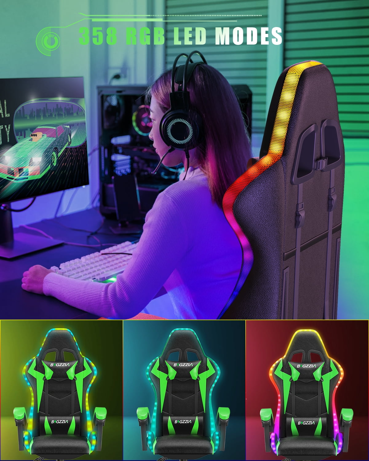 Bigzzia Gaming Chair with LED Lights, Computer Chair with Lumbar Support, Ergonomic High Back Video Game Chair with Swivel Seat and Headrest, Green