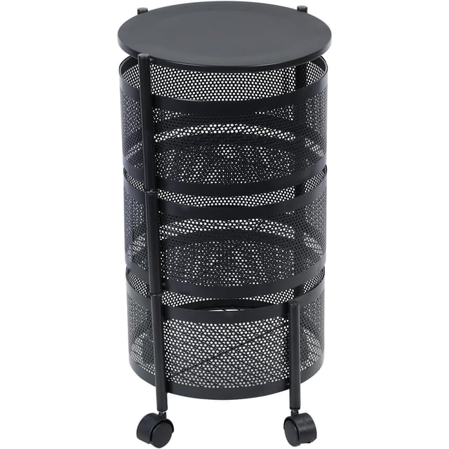 Wekity Kitchen Storage Cart, Large Storage Rack with 360 Degree Wheels,5 Tier Circular Rotating Basket, Fruit Vegetable Metal Wire Shelf with Top Lid Black Triple Layer-4651