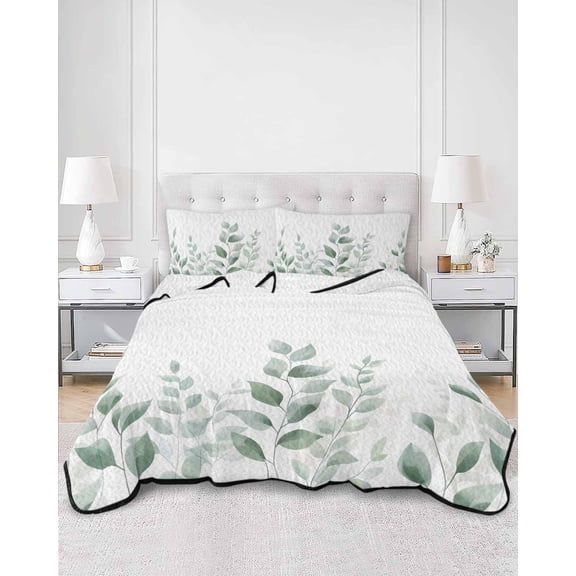 Quilts Queen Size, Sage Green Botanical Soft Comforter Bedding Set for Bed, Pastoral Leaf Watercolor Lightweight Quilted Bedspread with Pillow Cover(2 Pieces) for All Season, 90x96 Inch