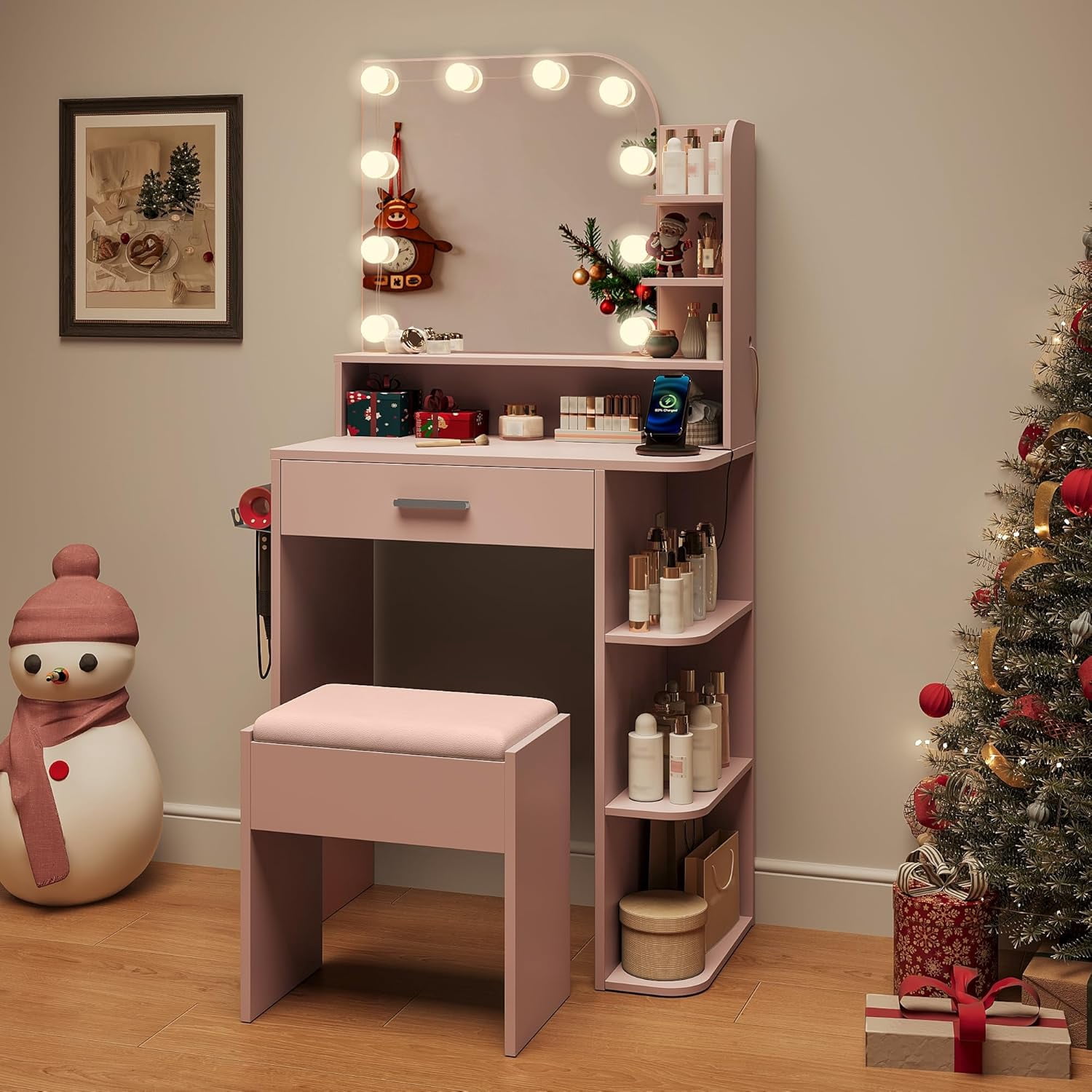 makeapile Makeup Vanity with Chair, Small Vanity Desk with Mirror , Lights 3 Colors and Power Outlet, Compact Vanity Table for Small Space, Pink