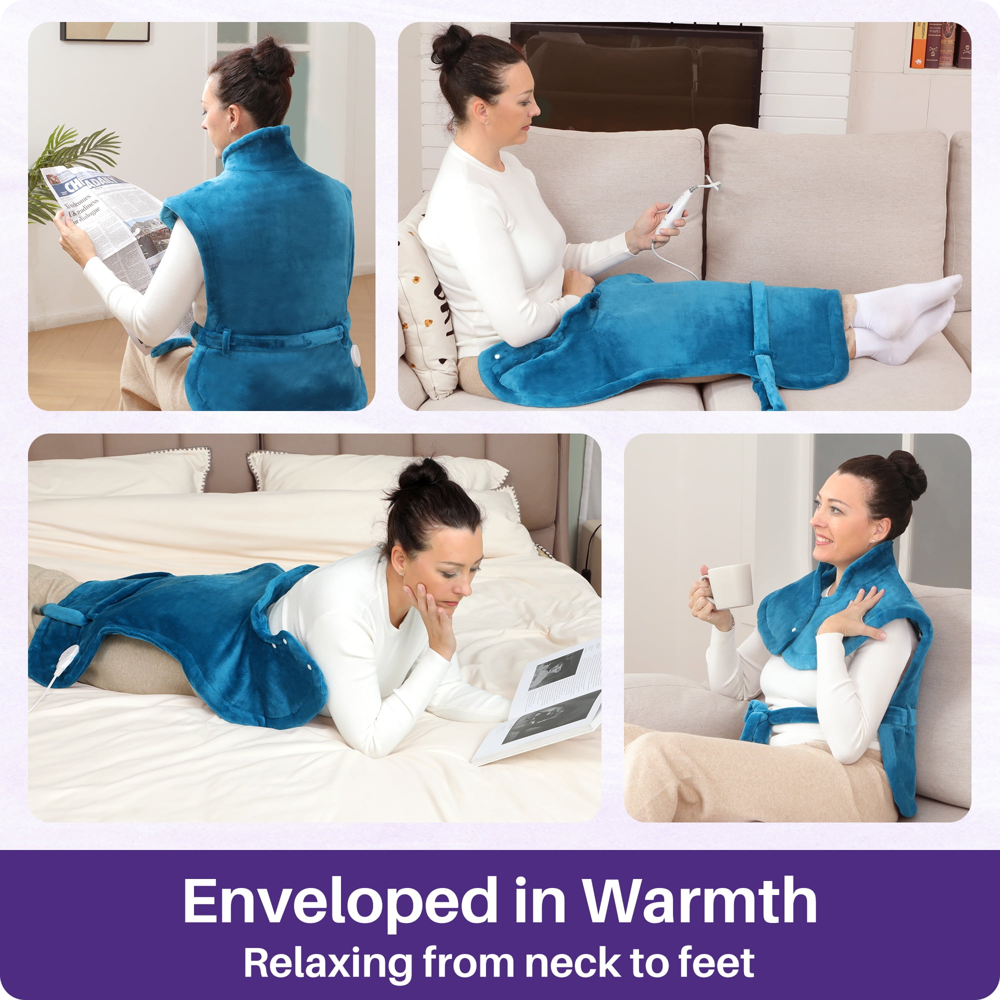 KEKOY Heating Pad for Back, Neck & Shoulders Pain Relief, Wearable Electric Heat Pad with Detachable Belt, 4 Heat Settings, 2-Hour Auto Shut-Off, Fast Heating, 24"x33", Blue