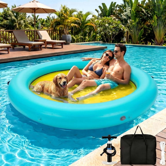 TLSUNNY 8FT Round Inflatable Float Ring for Adults, Heavy Duty Hammock Pool Lounger with Pump, for Lake, Ocean & Pool
