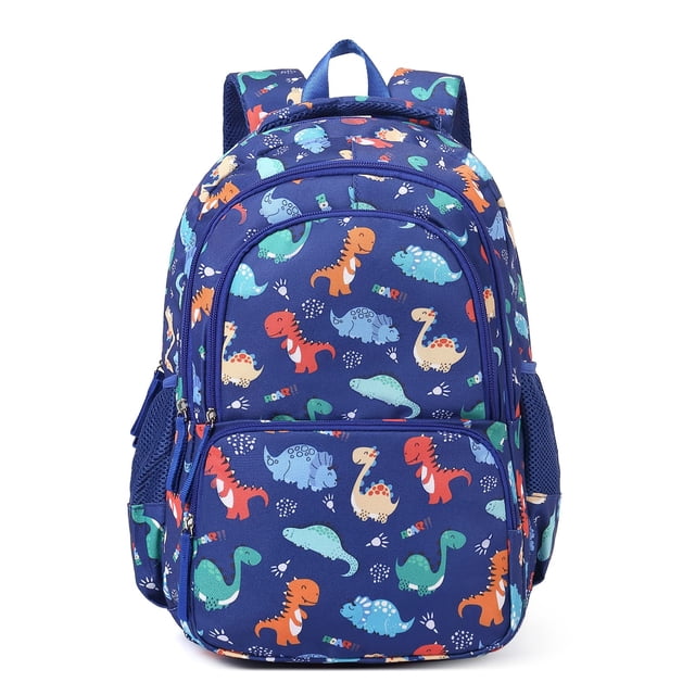 mochila cluci kids con diseño de dinosaurio azul impermeable de 6 a 12 años frontal, vista centrada de mochila escolar azul con estampado de dinosaurios multicolor; varios compartimentos: bolsillo frontal con cremallera, compartimento principal grande y bolsillos laterales de malla; correas y panel trasero acolchados; tela nylon 600D con efecto impermeable parcial. Medidas 15.75 x 12 x 5.12 pulgadas; adecuada para niños de 6 a 12 años y uso en guardería o primaria; también suele usarse para excursiones cortas.