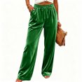thumbnail image 2 of Women's Soft Velour Wide Leg Pants Drawstring Elastic Waist Loose Palazzo Trousers with Pockets Casual Party Loungewear Trousers Green, 2 of 9