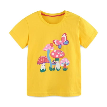 XEGLSBU T Shirts for Girls 12-14 Baggy Girls Floral Buttrfly Print T Shirt Summer Short Sleeve Blouse for Toddlers Yellow Size 7-8 Years