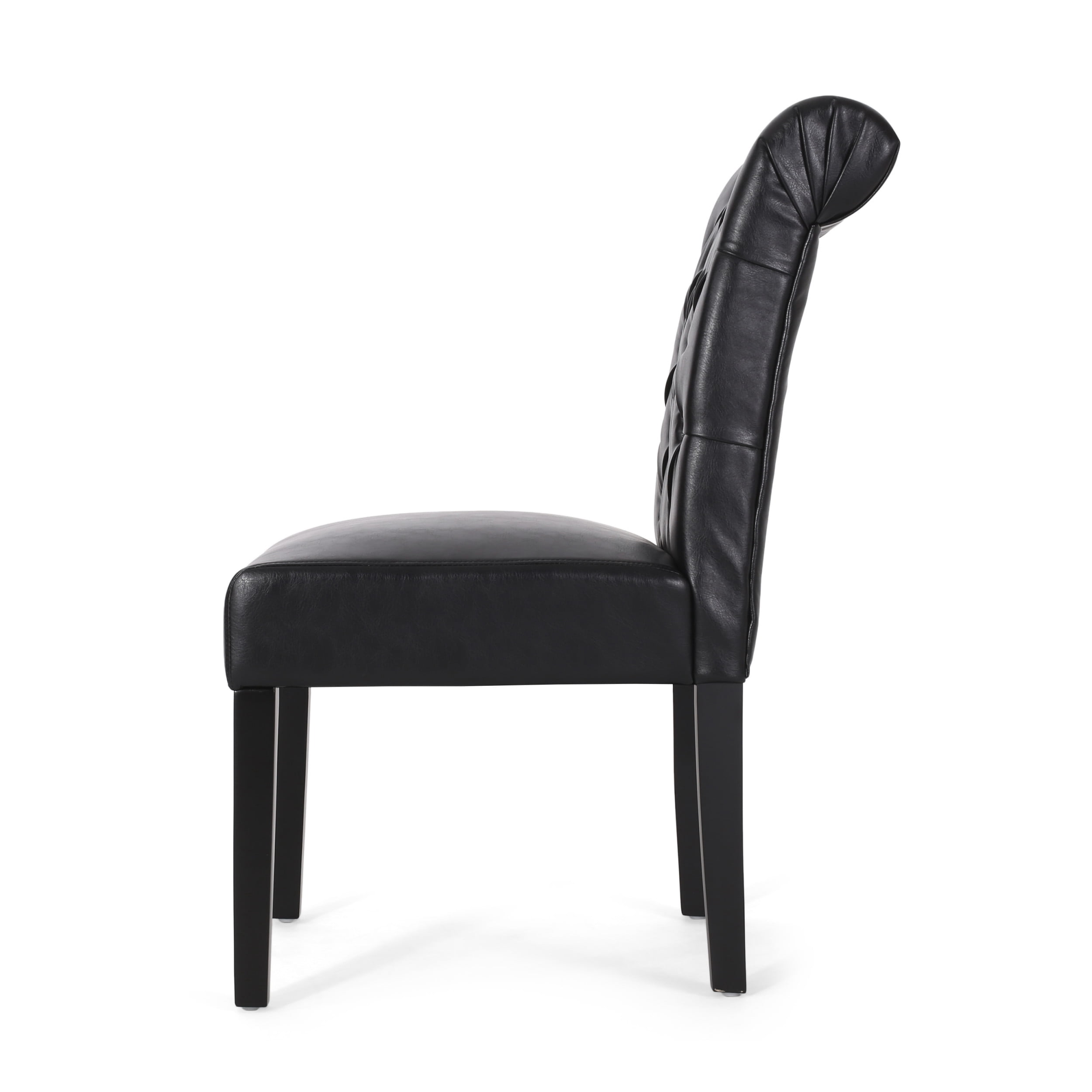Noble House Cullon Faux Leather Tufted Rolltop Dining Chairs, Set of 2, Midnight Black and Matte Black