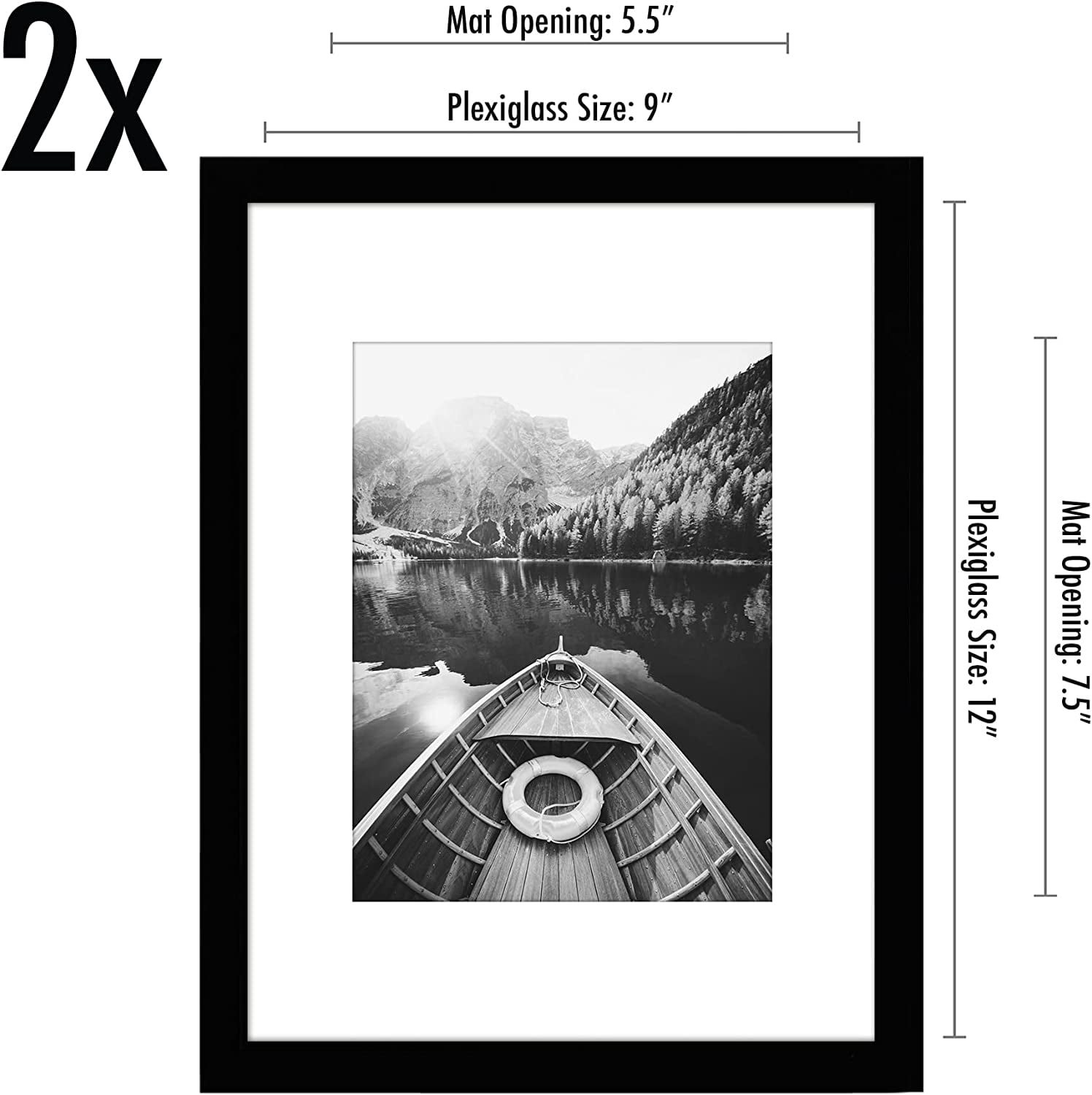 Americanflat 9x12 Picture Frame in Black with 6x8 Mat - Set of 2 Frames - Displays 6x8" Photos With Mat and 9x112 Without Mat