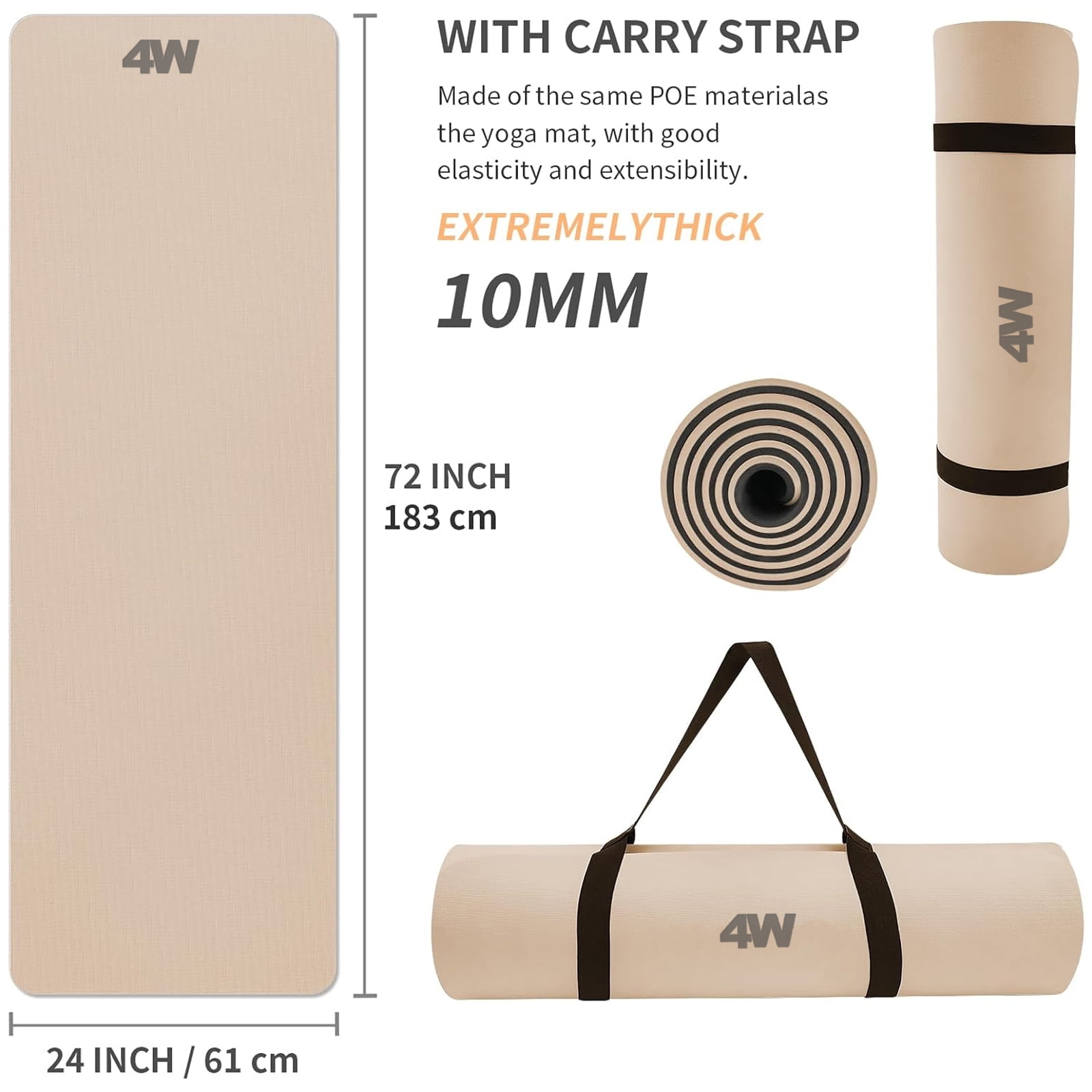 4W 10mm Thick Yoga Mat- TPE Non-Slip Exercise Mats with Strap for Home Workout/Pilatesfor Women Men72"×26"(Beige + Black)